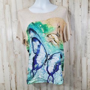 5/$25 Wallpapher Womens Top M Tan Butterflies Short Sleeve N20